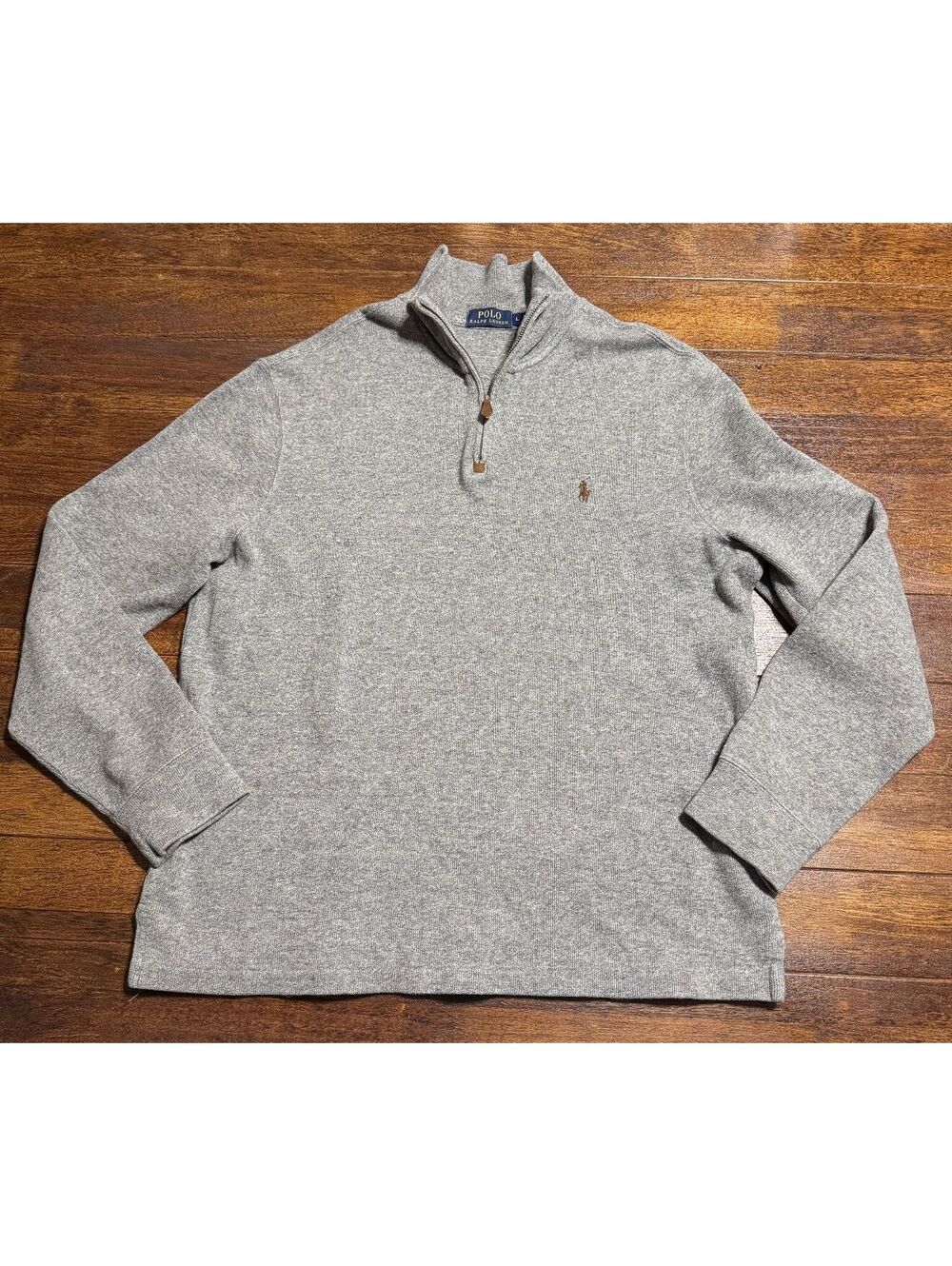 Polo Ralph Lauren Mens Quarter Zip 1/4 Sweater L Gray Cotton Brown Pony Pullover